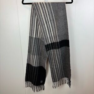Morgan & Oates Cashmere Scarf Grey Black Striped Fringed Made in UK Classic Luxe